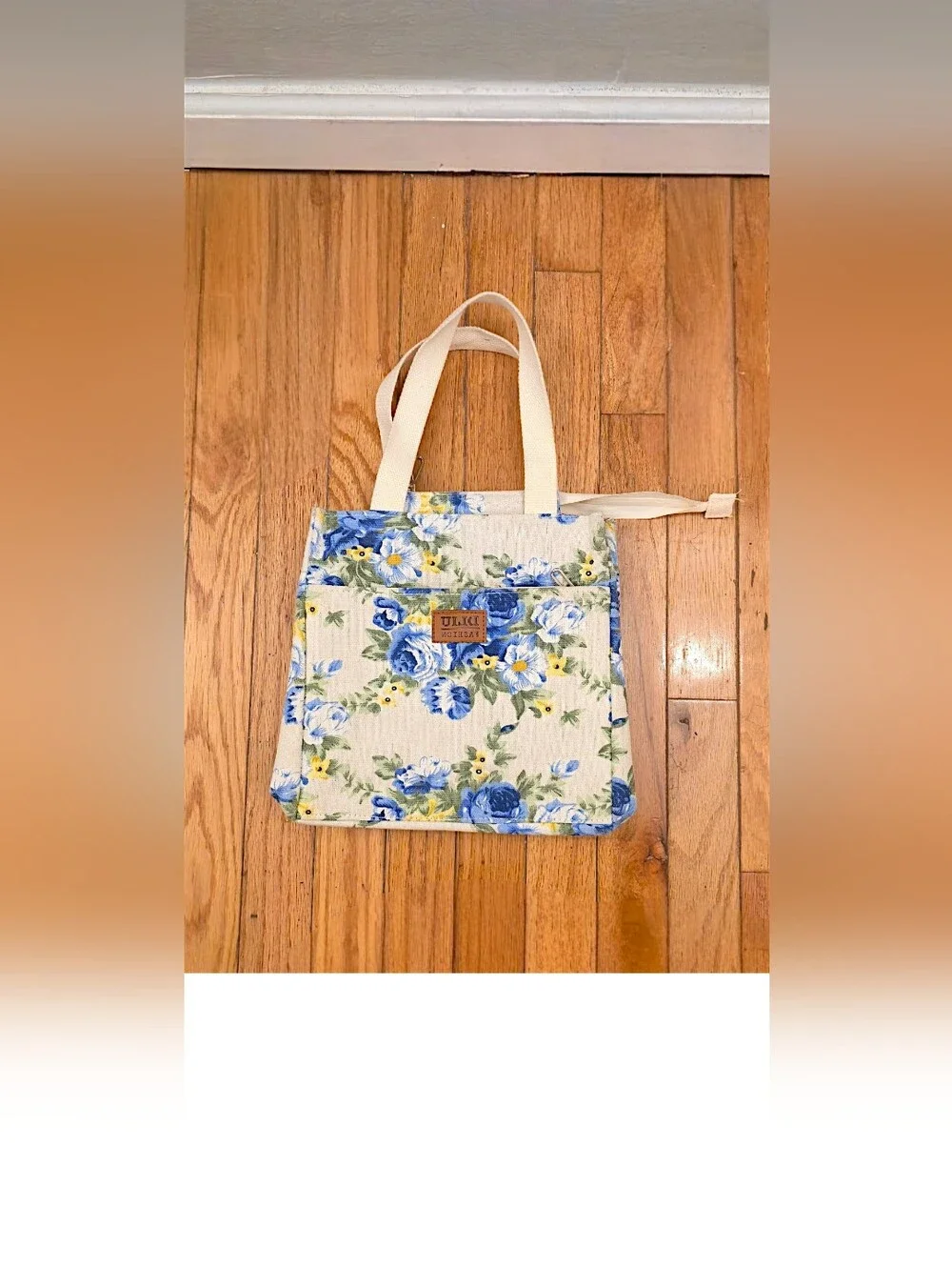 Blue Floral Canvas Tote Bag with Cream Straps